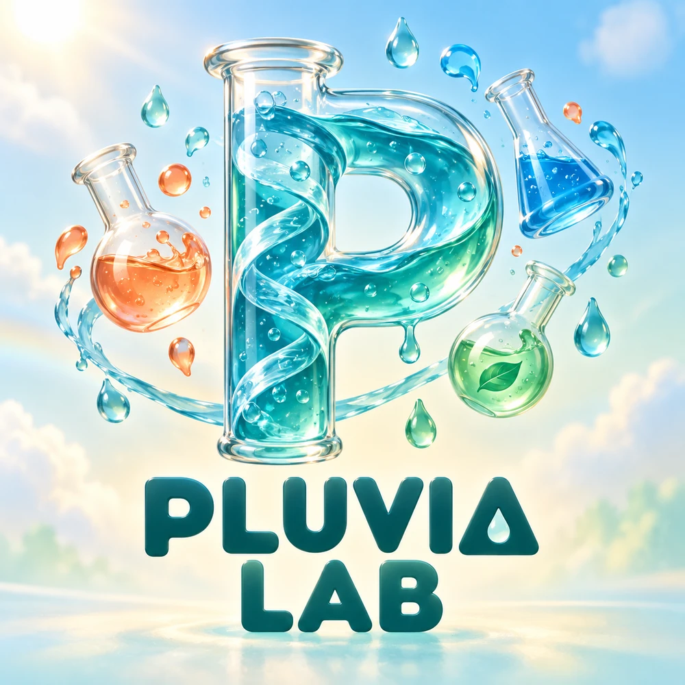 Pluvia Lab: a luminous glass P with rain, a DNA spiral, and floating laboratory flasks.