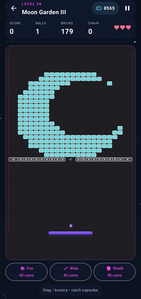 Actual PopFlux gameplay: colorful layered bricks and an unbreakable floor in a new arena.